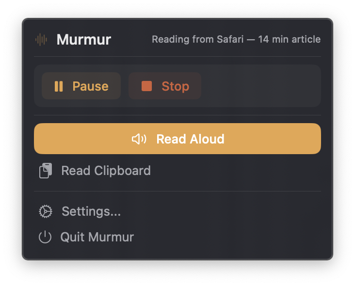 Murmur menu bar widget showing play, pause, and stop controls while reading from Safari