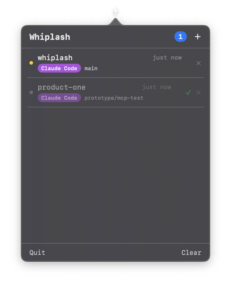 Whiplash menu bar app showing task tracking with Claude Code session detection
